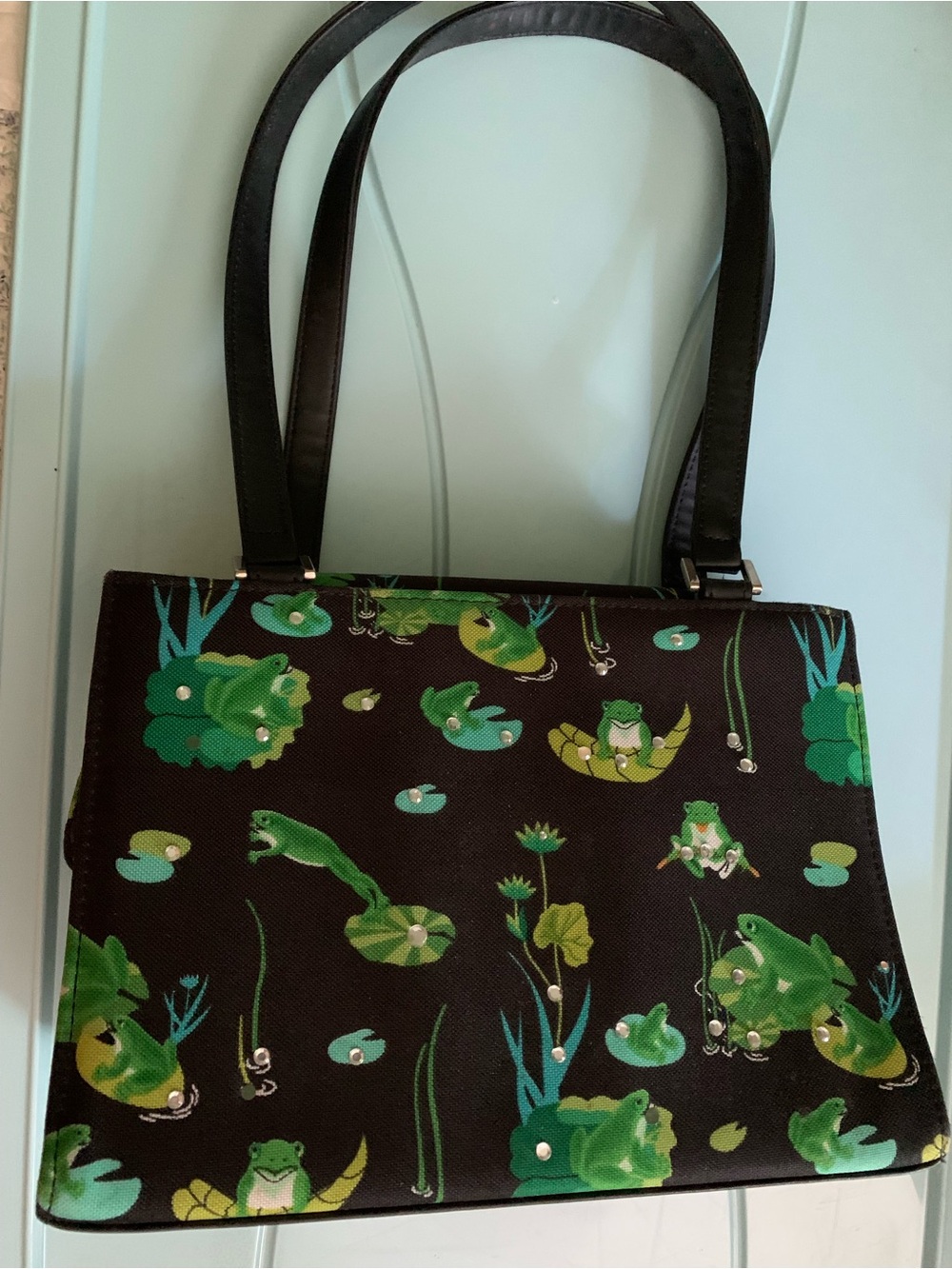 Black Shoulder Tote with Green Frog Print - Women